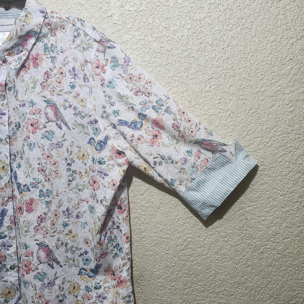 Alfred Dunner White Floral and Birds Button Down Shirt Blouse - Picture 8 of 10